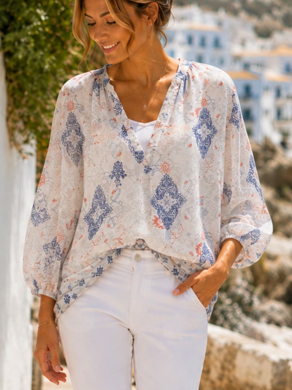 Saint Tropez West Blue & White Peasant Blouse L | Sheer Boho Split Neck Top
